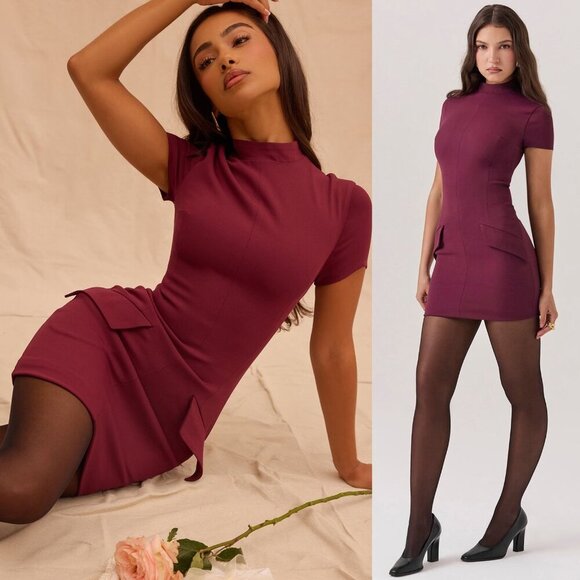 House of CB Alia Mulberry Red‎ Purple Short Sleeve Mini Dress Size L Tall - Picture 13 of 13